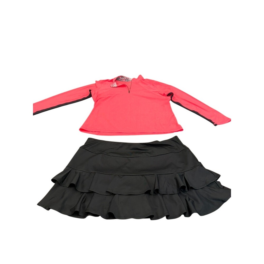 2 Pc Set Tail Women Pink Quarter Zip Top and Blk Tiered Ruffle Skort SZ XL